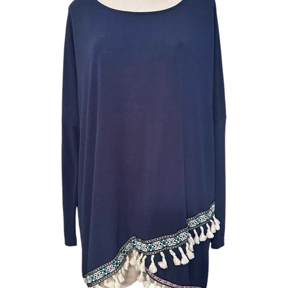 UMGEE Tunic Top Womens XL Blue Fringe Hem Tassle Boho Blouse Shirt